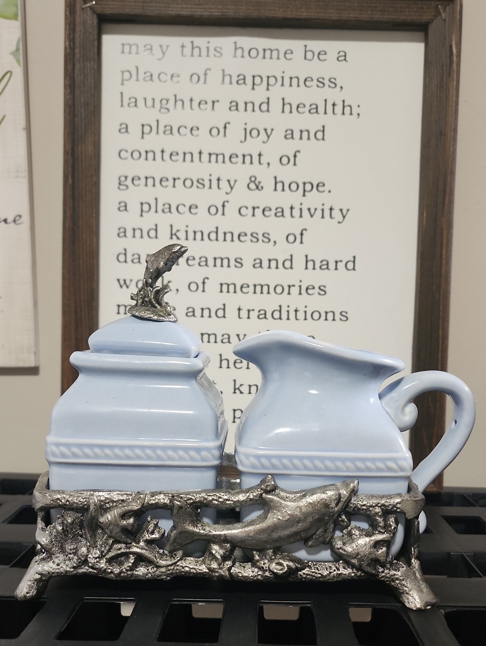 BELEVERRA Light Blue Ceramic Creamer and Sugar Set with Silver Dolphin Holder